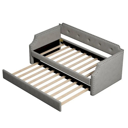 Upholstered Daybed with Trundle, Wood Slat Support,Upholstered Frame Sofa Bed, Twin