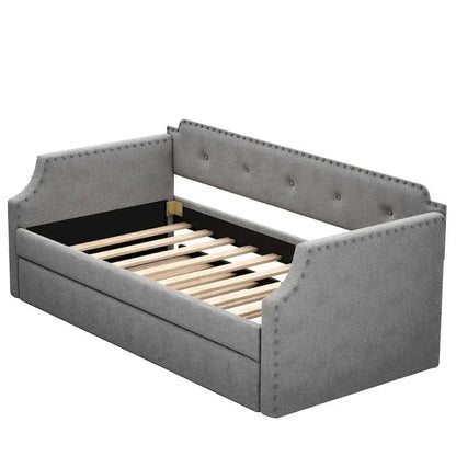 Upholstered Daybed with Trundle, Wood Slat Support,Upholstered Frame Sofa Bed, Twin