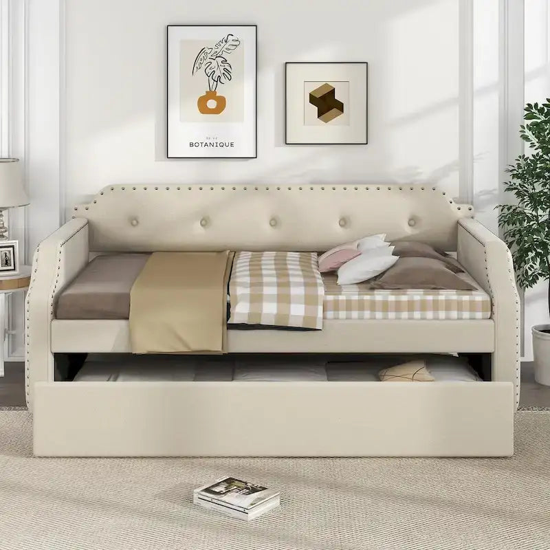 Upholstered Daybed with Trundle, Wood Slat Support,Upholstered Frame Sofa Bed, Twin
