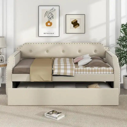 Upholstered Daybed with Trundle, Wood Slat Support,Upholstered Frame Sofa Bed, Twin