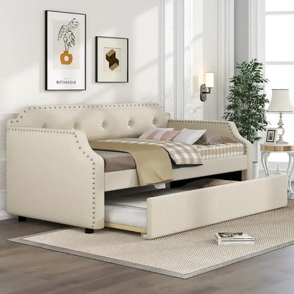 Upholstered Daybed with Trundle, Wood Slat Support,Upholstered Frame Sofa Bed, Twin