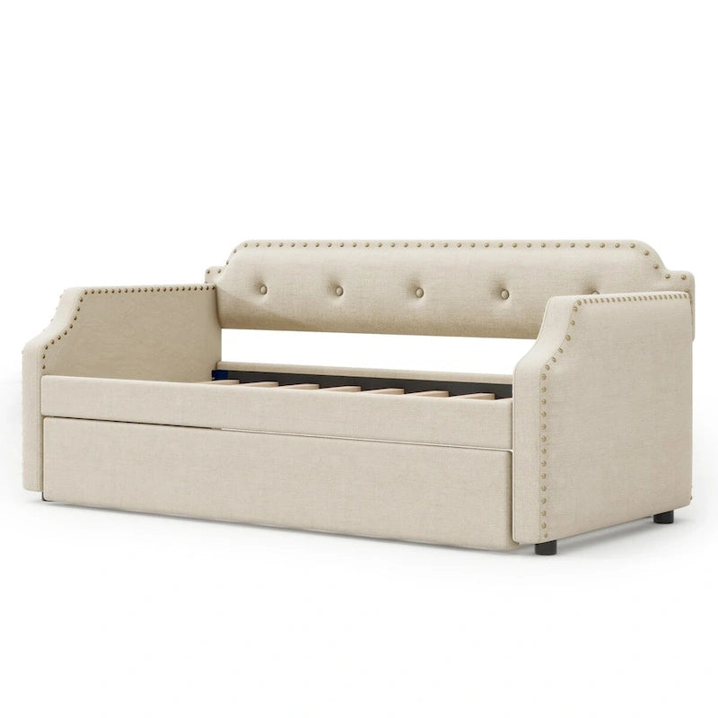 Upholstered Daybed with Trundle, Wood Slat Support,Upholstered Frame Sofa Bed, Twin
