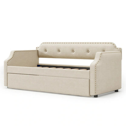 Upholstered Daybed with Trundle, Wood Slat Support,Upholstered Frame Sofa Bed, Twin