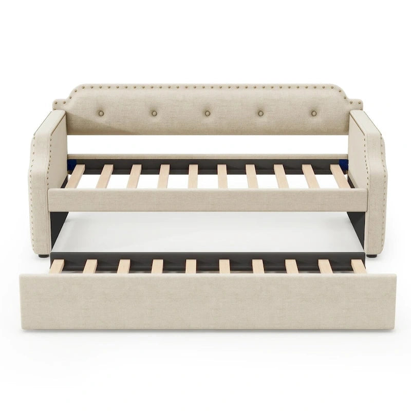 Upholstered Daybed with Trundle, Wood Slat Support,Upholstered Frame Sofa Bed, Twin