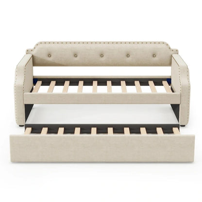 Upholstered Daybed with Trundle, Wood Slat Support,Upholstered Frame Sofa Bed, Twin