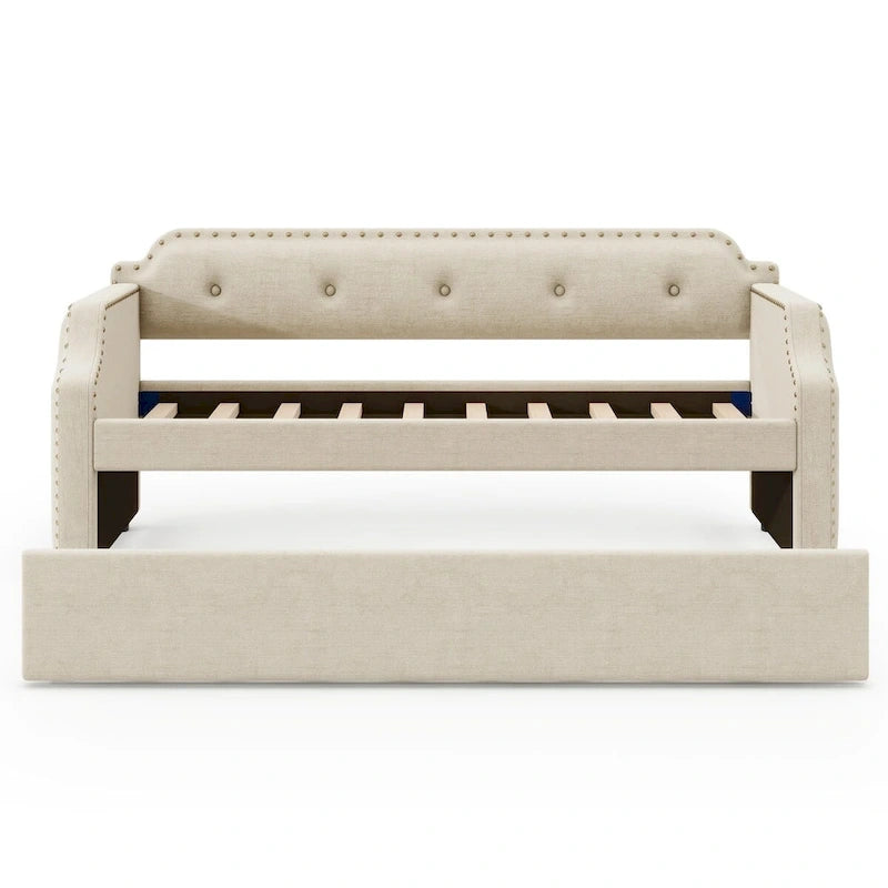 Upholstered Daybed with Trundle, Wood Slat Support,Upholstered Frame Sofa Bed, Twin