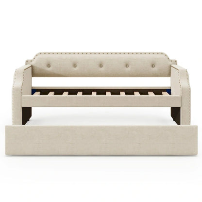 Upholstered Daybed with Trundle, Wood Slat Support,Upholstered Frame Sofa Bed, Twin