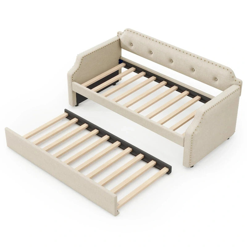 Upholstered Daybed with Trundle, Wood Slat Support,Upholstered Frame Sofa Bed, Twin