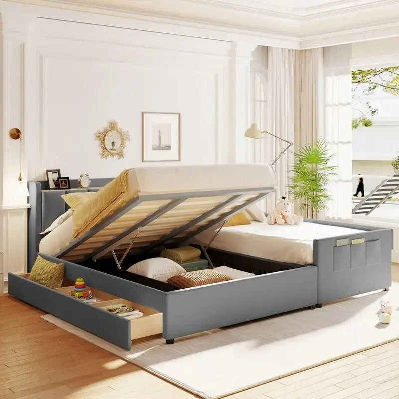 Queen Size & Twin XL Size Upholstered Platform Bed Mother & Child Bed Frame with Hydraulic Storage System