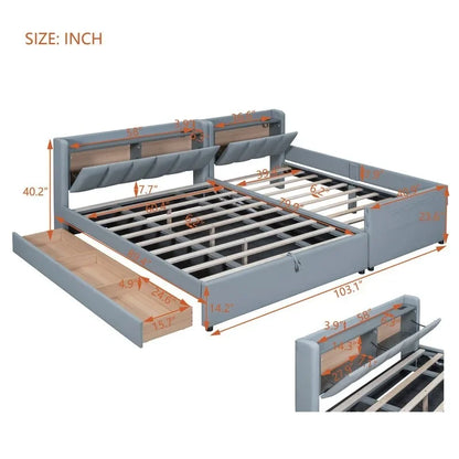 Queen Size & Twin XL Size Upholstered Platform Bed Mother & Child Bed Frame with Hydraulic Storage System