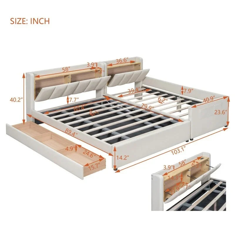 Queen Size & Twin XL Size Upholstered Platform Bed Mother & Child Bed Frame with Hydraulic Storage System