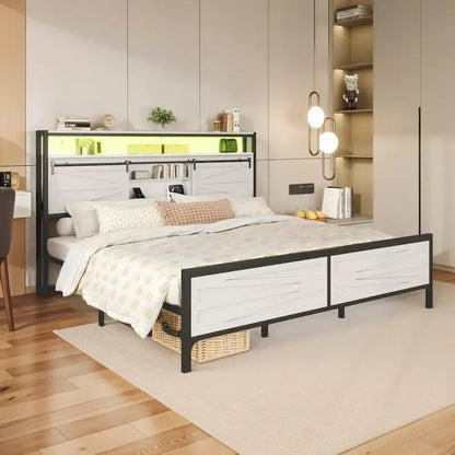 LED King Bed Frame with Charging Station, Platform Metal Headboard Storage & USB Ports Outlets, Farmhouse Lights