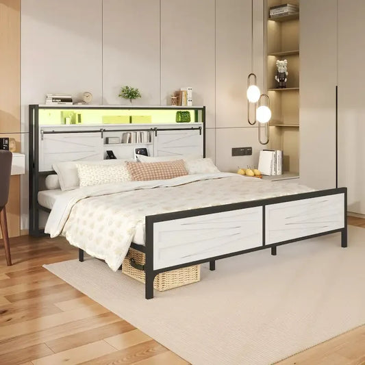 LED King Bed Frame with Charging Station, Platform Metal Headboard Storage & USB Ports Outlets, Farmhouse Lights