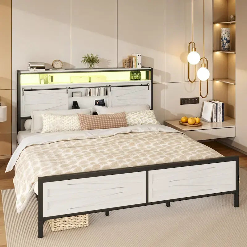 LED King Bed Frame with Charging Station, Platform Metal Headboard Storage & USB Ports Outlets, Farmhouse Lights