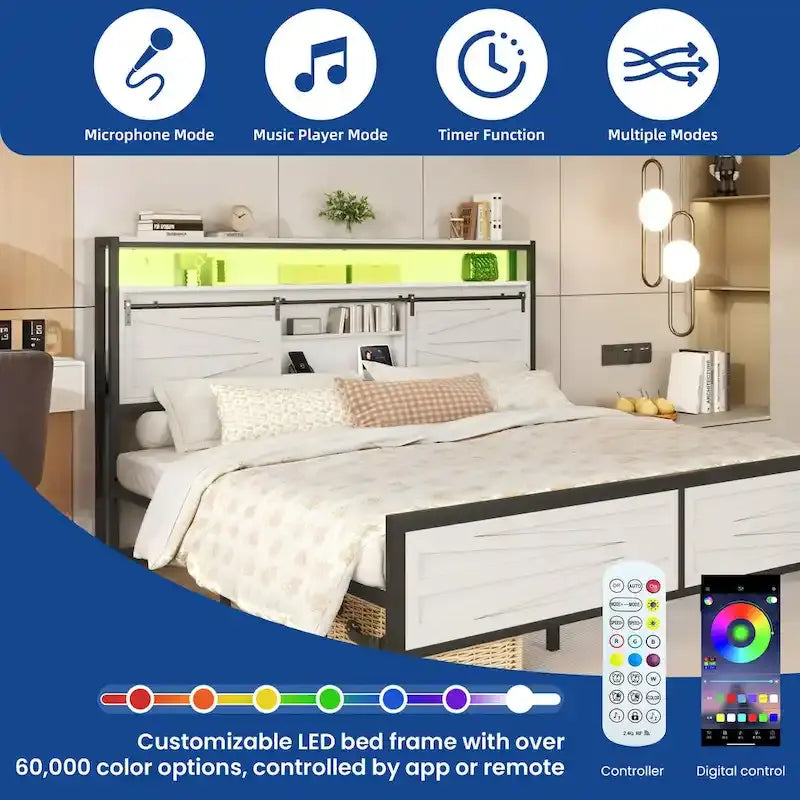 LED King Bed Frame with Charging Station, Platform Metal Headboard Storage & USB Ports Outlets, Farmhouse Lights