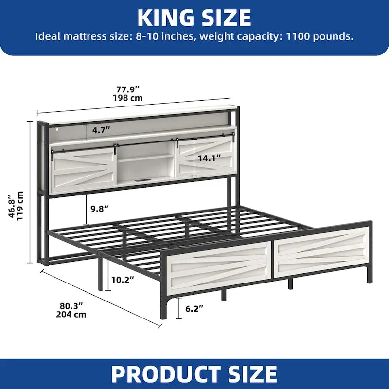 LED King Bed Frame with Charging Station, Platform Metal Headboard Storage & USB Ports Outlets, Farmhouse Lights