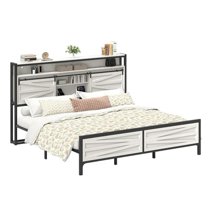 LED King Bed Frame with Charging Station, Platform Metal Headboard Storage & USB Ports Outlets, Farmhouse Lights