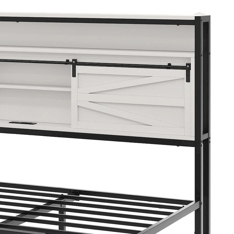 LED King Bed Frame with Charging Station, Platform Metal Headboard Storage & USB Ports Outlets, Farmhouse Lights