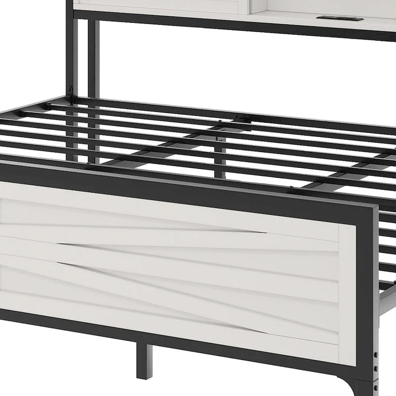 LED King Bed Frame with Charging Station, Platform Metal Headboard Storage & USB Ports Outlets, Farmhouse Lights