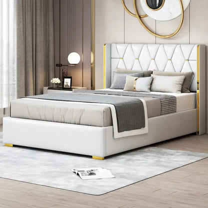 Full Size PU Upholstered Platform Bed with Metal Strips