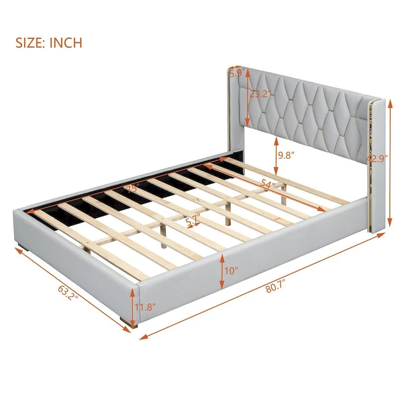 Full Size PU Upholstered Platform Bed with Metal Strips