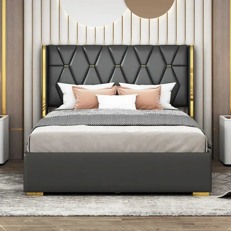 Full Size PU Upholstered Platform Bed with Metal Strips