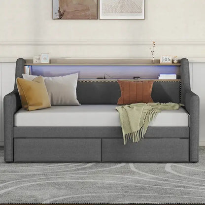 Upholstered Daybed with Storage Drawers, Charging Station and LED Lights