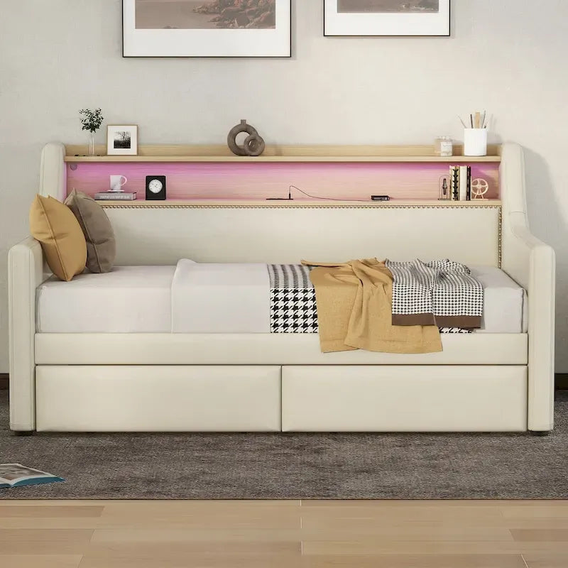 Upholstered Daybed with Storage Drawers, Charging Station and LED Lights
