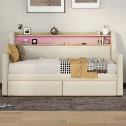 Upholstered Daybed with Storage Drawers, Charging Station and LED Lights