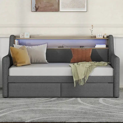 Upholstered Daybed with Storage Drawers, Charging Station and LED Lights