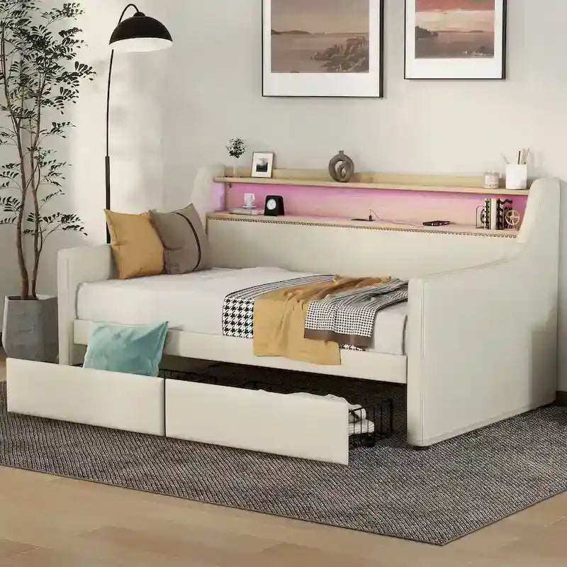 Upholstered Daybed with Storage Drawers, Charging Station and LED Lights