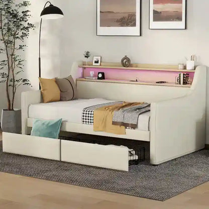 Upholstered Daybed with Storage Drawers, Charging Station and LED Lights