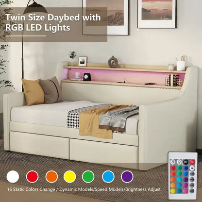 Upholstered Daybed with Storage Drawers, Charging Station and LED Lights