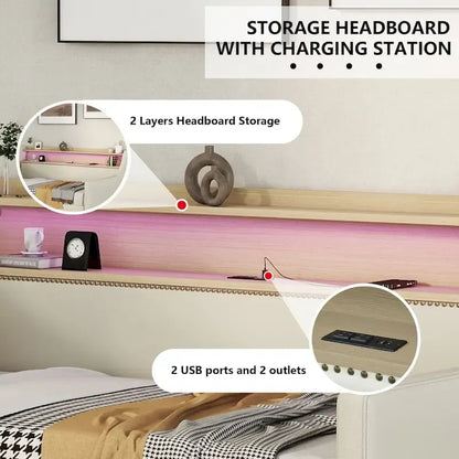 Upholstered Daybed with Storage Drawers, Charging Station and LED Lights