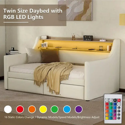 Upholstered Daybed with Storage Drawers, Charging Station and LED Lights
