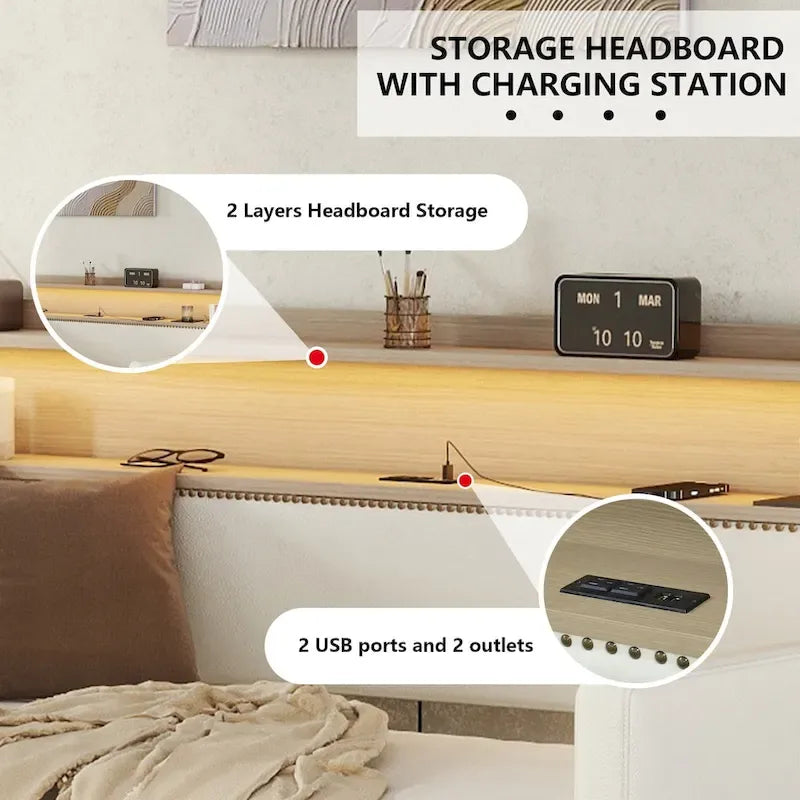 Upholstered Daybed with Storage Drawers, Charging Station and LED Lights