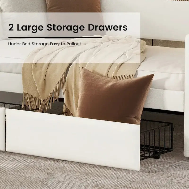 Upholstered Daybed with Storage Drawers, Charging Station and LED Lights