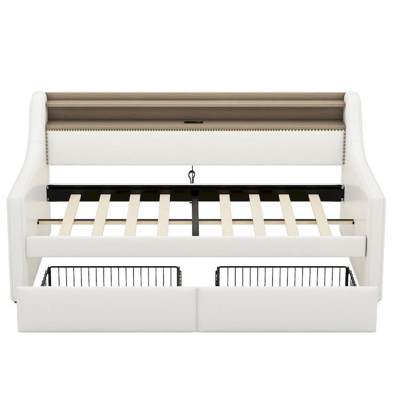 Upholstered Daybed with Storage Drawers, Charging Station and LED Lights