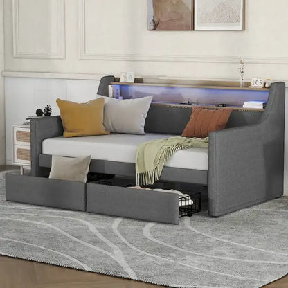 Upholstered Daybed with Storage Drawers, Charging Station and LED Lights