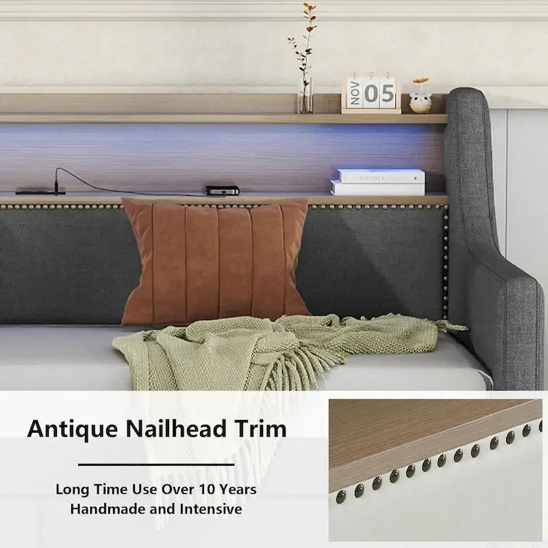 Upholstered Daybed with Storage Drawers, Charging Station and LED Lights