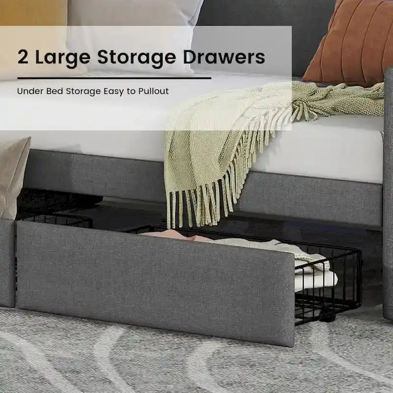 Upholstered Daybed with Storage Drawers, Charging Station and LED Lights