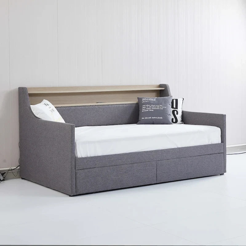 Upholstered Daybed with Storage Drawers, Charging Station and LED Lights
