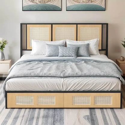 Moasis Rattan Headboard Storage Bed with 2 Drawer