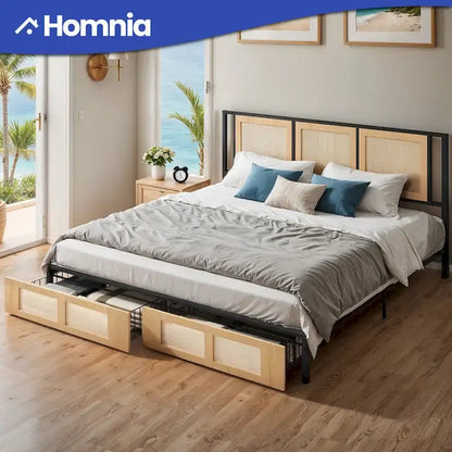 Moasis Rattan Headboard Storage Bed with 2 Drawer