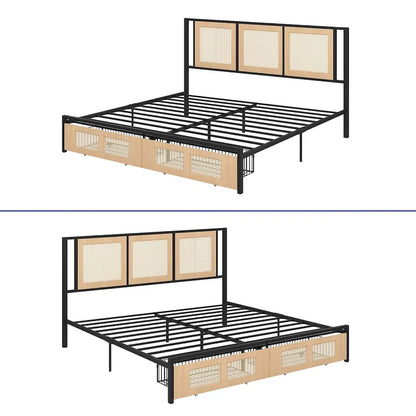 Moasis Rattan Headboard Storage Bed with 2 Drawer