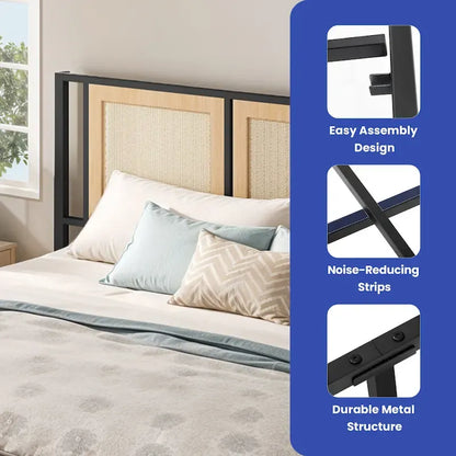 Moasis Rattan Headboard Storage Bed with 2 Drawer