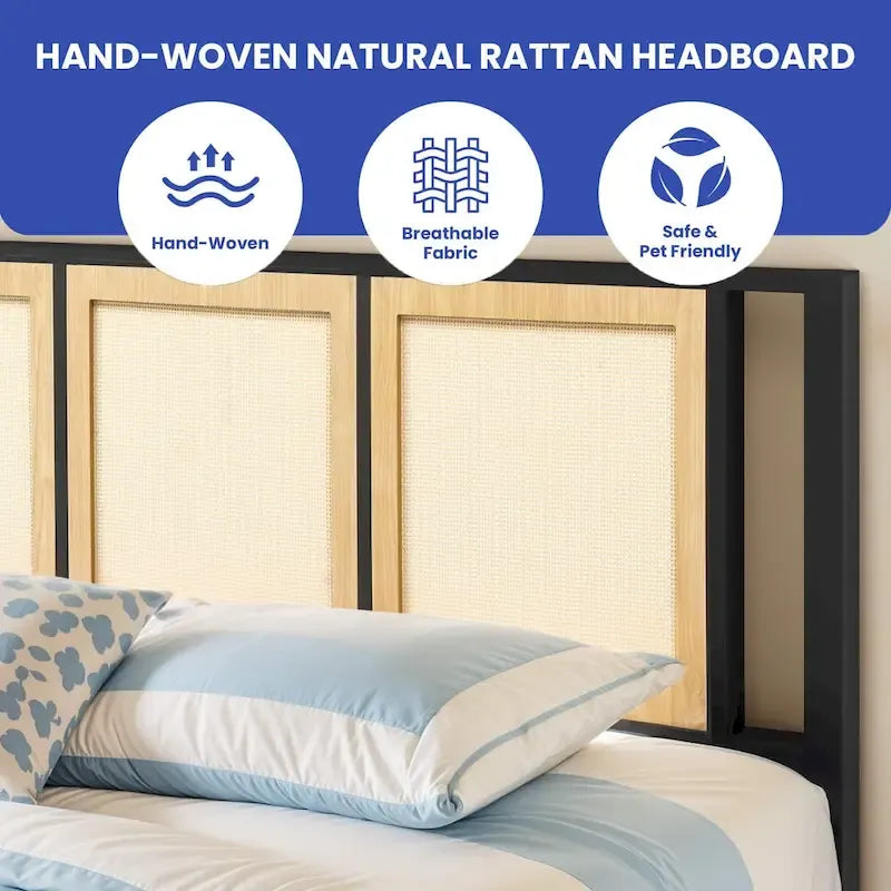 Moasis Rattan Headboard Storage Bed with 2 Drawer