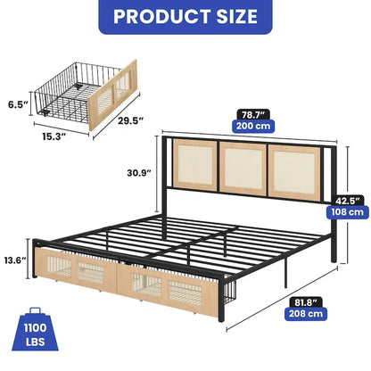 Moasis Rattan Headboard Storage Bed with 2 Drawer