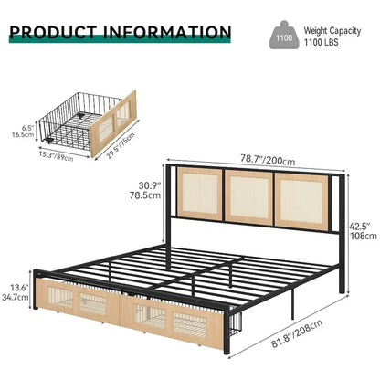 Moasis Rattan Headboard Storage Bed with 2 Drawer
