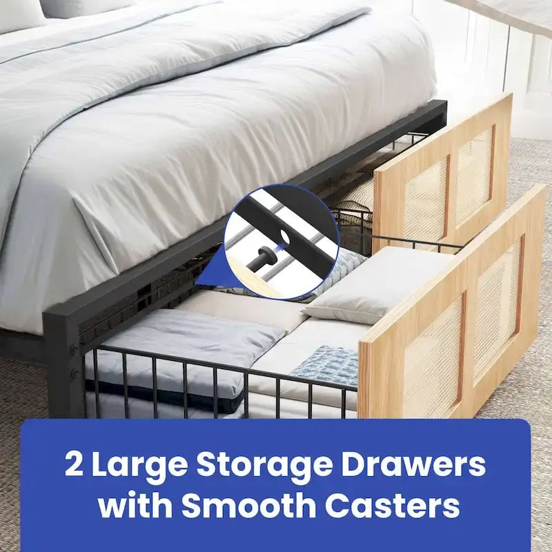Moasis Rattan Headboard Storage Bed with 2 Drawer
